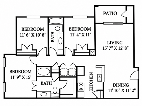 Floor plan for 3 beds, 2 baths, 1228 sqft